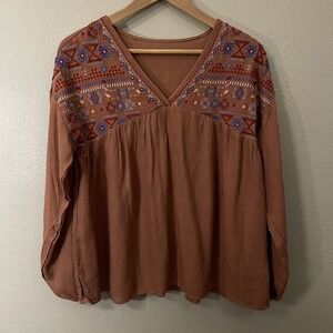 Embroidered Boho Long Sleeve Shirt Oversized Rust‎ Brown Festival Hippie Size S